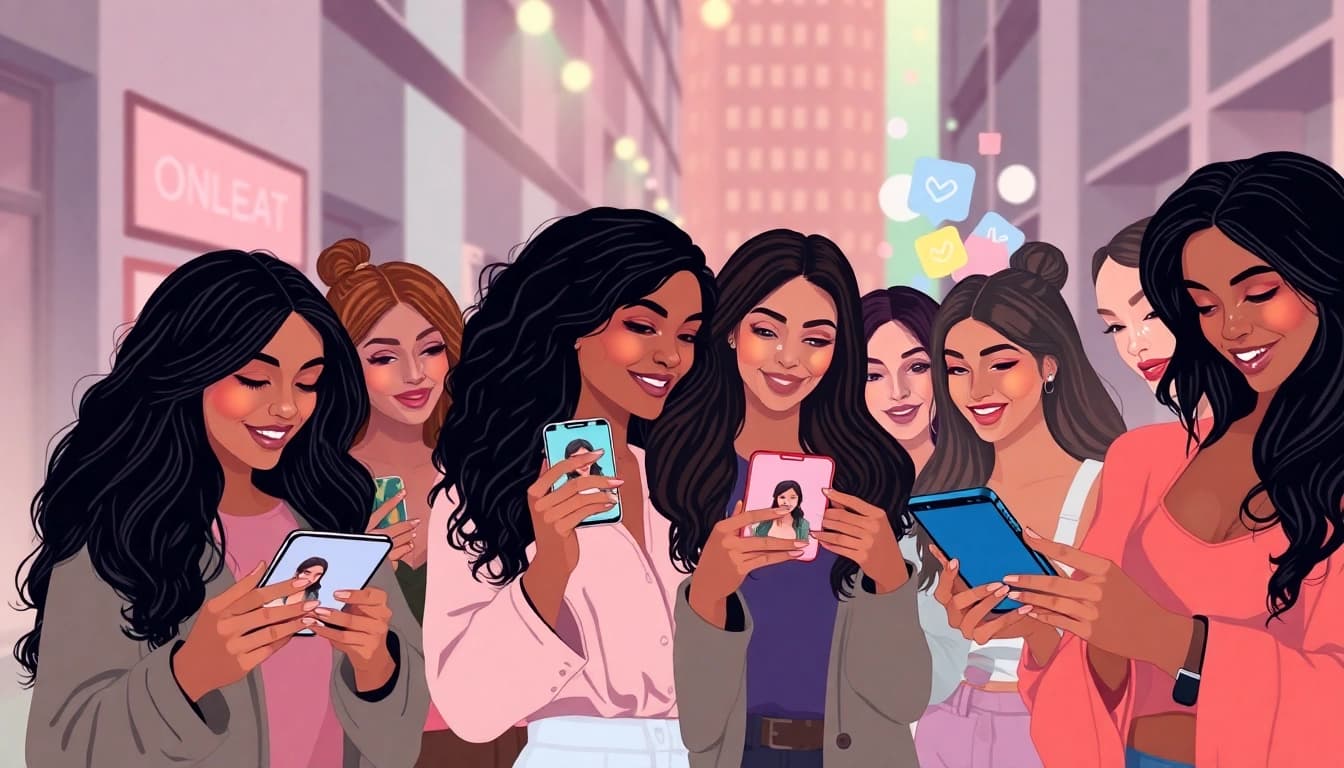 Find OnlyFans girls in my area surrounded by diverse models engaging with mobile devices in a stylish urban setting.
