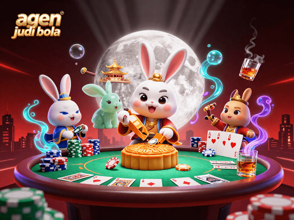 Experience exciting gaming action with agen judi bola featuring playful moon rabbits and poker elements.