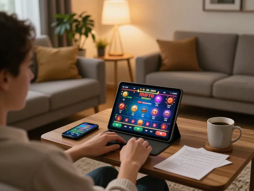 Player exploring casino online stranieri sicuri on a tablet in a cozy home setting