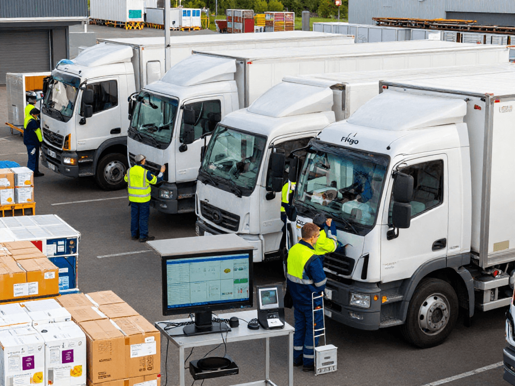 Frigo Transport in Dortmund: modernes Logistikzentrum mit thermokontrollierten Fahrzeugen und angestellten, die Waren verwalten.