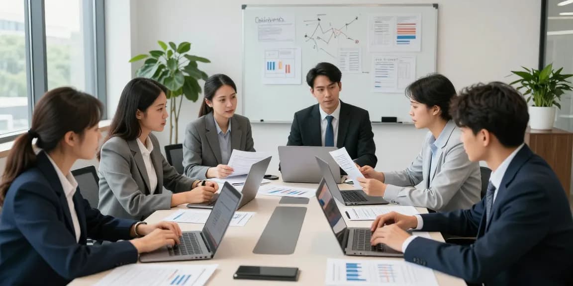 Tim audit forensik profesional di aafikotaserang.org berdiskusi dan bekerja sama dalam ruang konferensi modern.