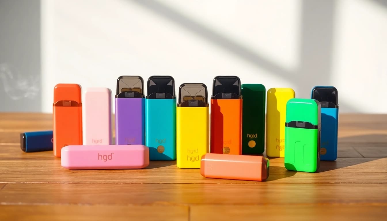 hqd pods in verschiedenen Farben auf einem Holztablett präsentieren.