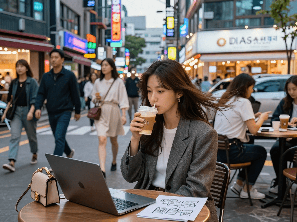 강남 달토와 함께하는 도심 카페에서 커피를 즐기는 패셔너블한 여성의 모습