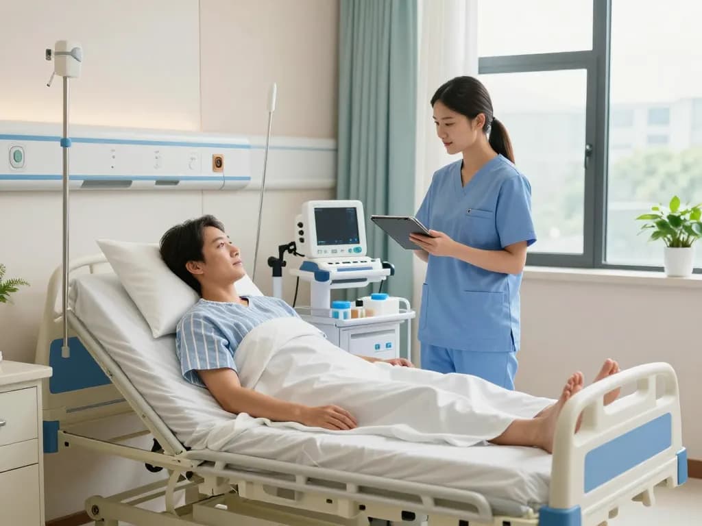 Giường bệnh nhân providing comfort and support in a modern healthcare environment with patient and caregiver interaction.