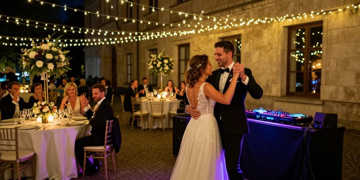 DJ für Hochzeit in Berlin sorgt für Tanzstimmung unter romantischen Lichtern.
