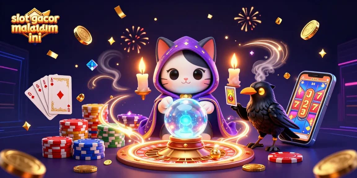 Experience slot gacor malam ini featuring a 3D mystical cat and raven amid celebratory casino elements.