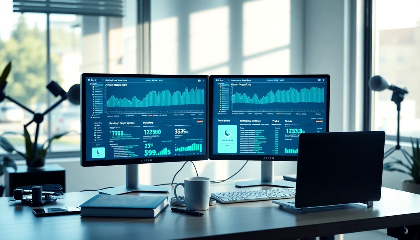 A modern workspace showcasing an infosec developer tracking Amazon prices with graphs and analytics.