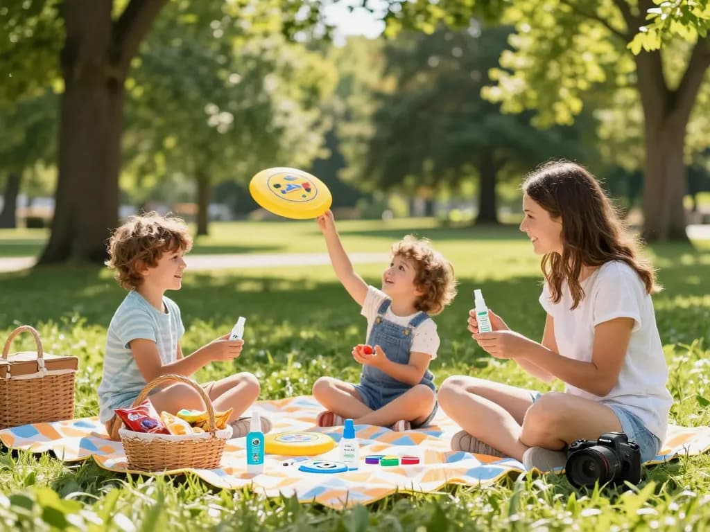 Family applying mosquito repellent while enjoying a picnic in a sunny park, surrounded by nature.