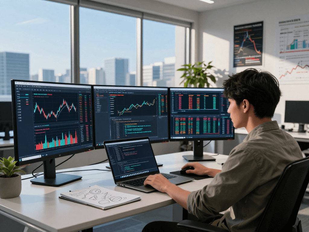 Japan quant stock trading API developer analyzing real-time market data in a modern workspace.