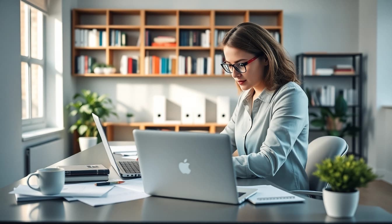 Showcasing effective proposal writing and management through a focused professional in an organized workspace.