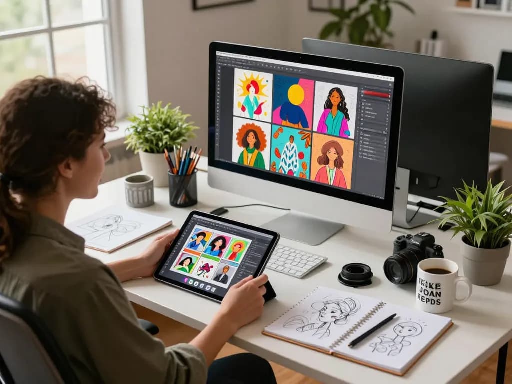 Designer creating prompts with image to prompt ai tools in vibrant studio.