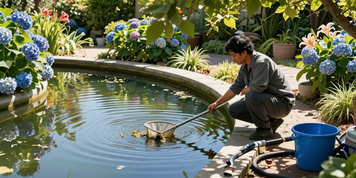 Professional Pond Cleaning Surrey services in action with a pond cleaner removing debris and enhancing garden aesthetics.