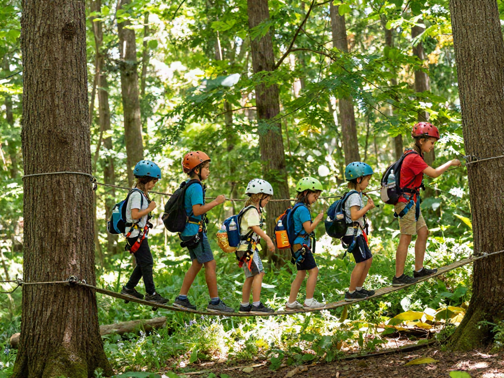 Children crossing a rope bridge in a sunny forest, enjoying outdoor adventure.