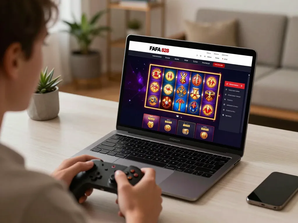 Engaging scene of a player enjoying FAFA 828 online gaming on a laptop in a cozy home office