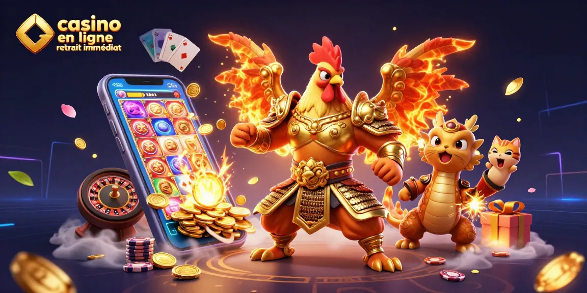 Assistez à l'animation au casino en ligne retrait immédiat avec un guerrier coq et un dragon.
