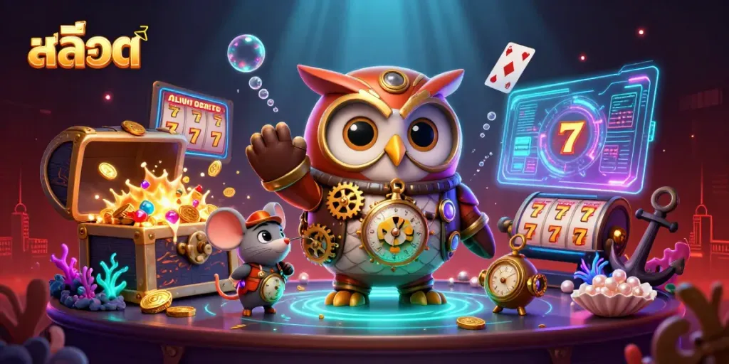 Engage in สล็อต thrills with a steampunk owl and dynamic casino elements, rich in detail and color.