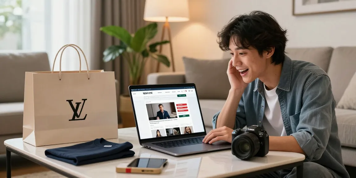 Engaging shopping experience at a 레플리카 사이트 with luxury items, stylish laptop setup.