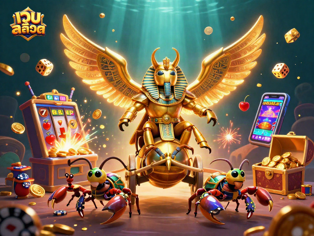 Experience เว็บสล็อต action with a vibrant 3D illustration of a pharaoh-themed casino adventure.