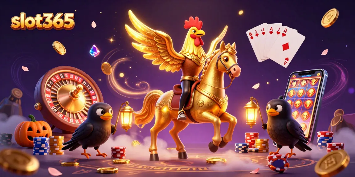 Experience the thrill of slot365 with golden rooster amidst a dynamic casino scene filled with jackpots and winnings.