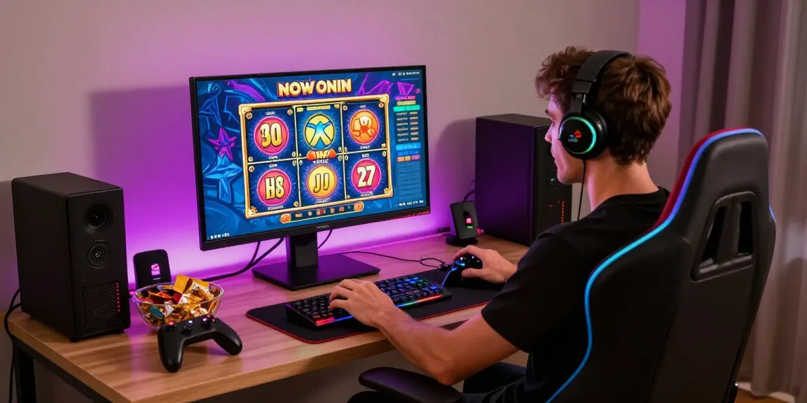 Player enjoying new online slot sites with colorful graphics on a sleek gaming setup, showcasing excitement and modern design.
