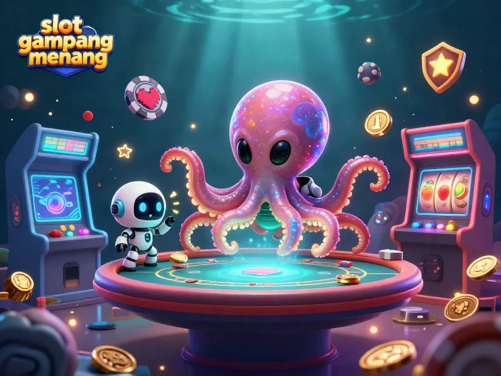 Engage with slot gampang menang in an energetic 3D casino scene featuring a colorful alien octopus and arcade game machines.