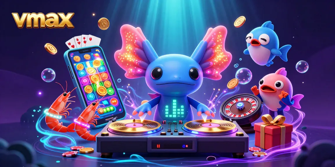 Experience vibrant vmax gameplay with a neon axolotl DJ at an underwater casino party.