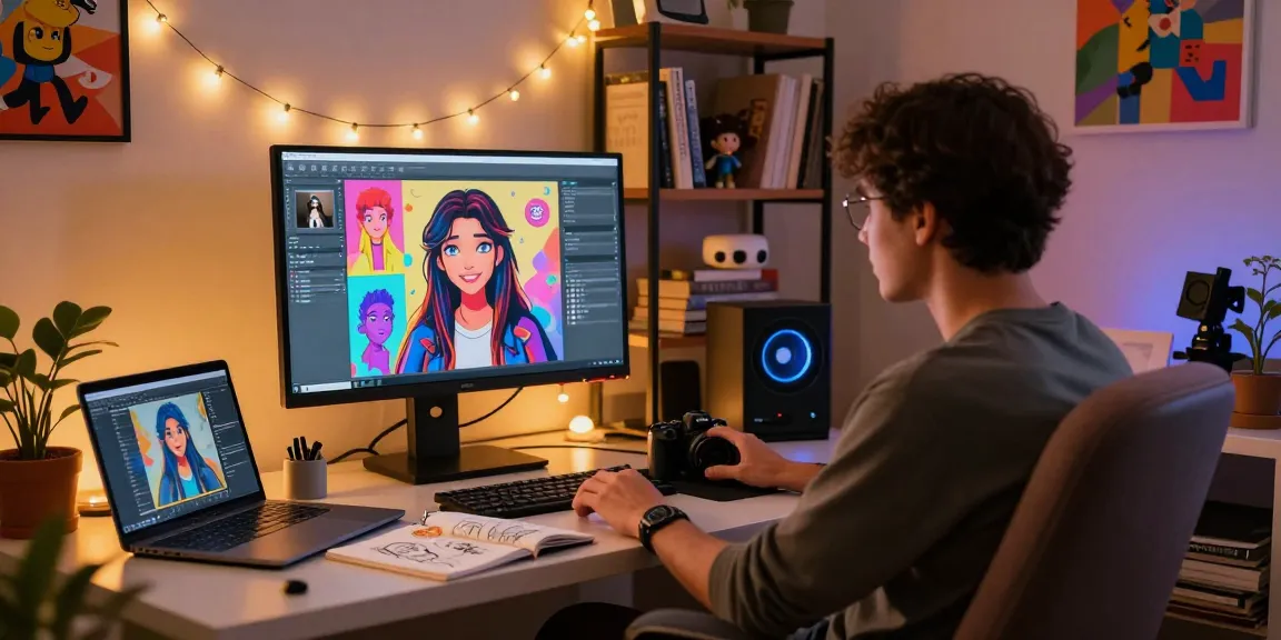 Interactive NSFW AI avatar displayed on a high-resolution monitor in a cozy home office setting, showcasing creativity.