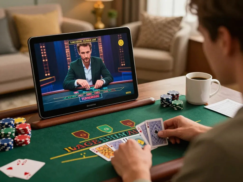 Canada online casinos reddit player strategizing during live blackjack at home, showcasing responsible gaming.