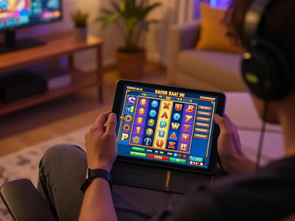 Engaged player enjoying slot gacor saat ini game on tablet in a cozy gaming setup, showcasing vibrant slot visuals