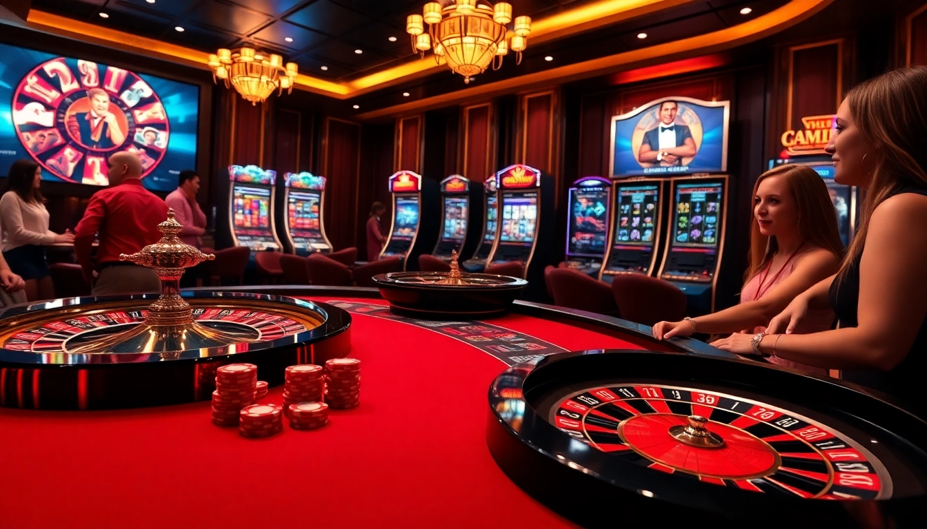 Scène passionnante au meilleurs casino en ligne montrant des jetons de poker, une roue de roulette et des joueurs engagés.