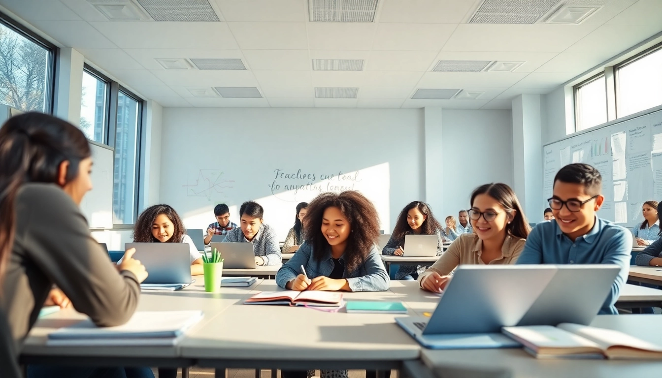 Dynamic education scene with diverse students engaged in collaborative learning.