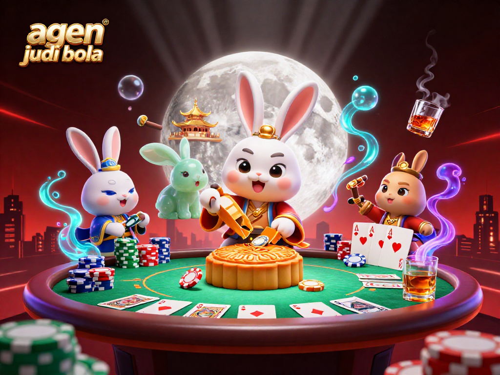 Experience exciting gaming action with agen judi bola featuring playful moon rabbits and poker elements.