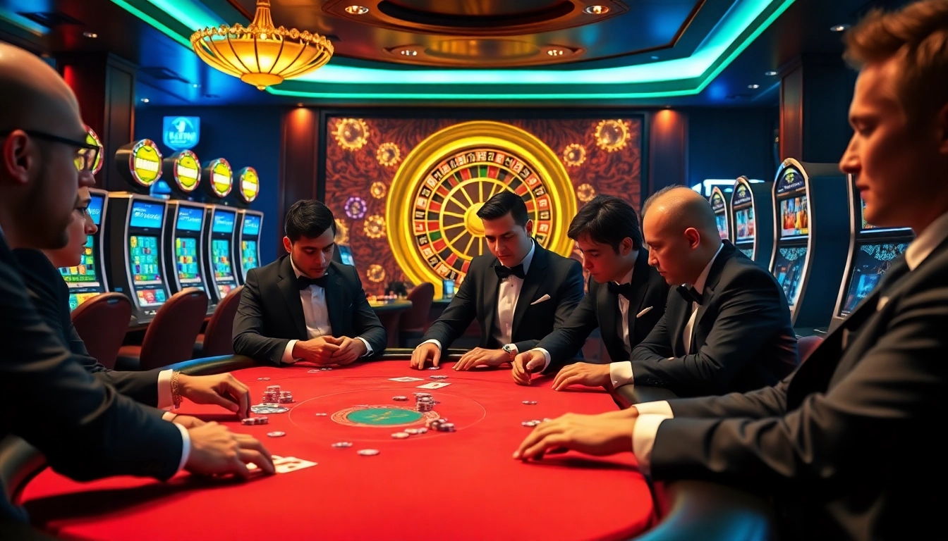 Vivez l'excitation des meilleurs casino en ligne à travers cette scène de poker vibrante avec des joueurs engagés dans des actions à enjeux élevés.