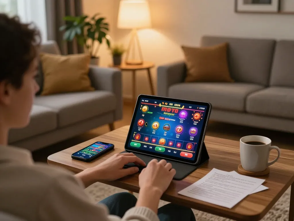 Player exploring casino online stranieri sicuri on a tablet in a cozy home setting
