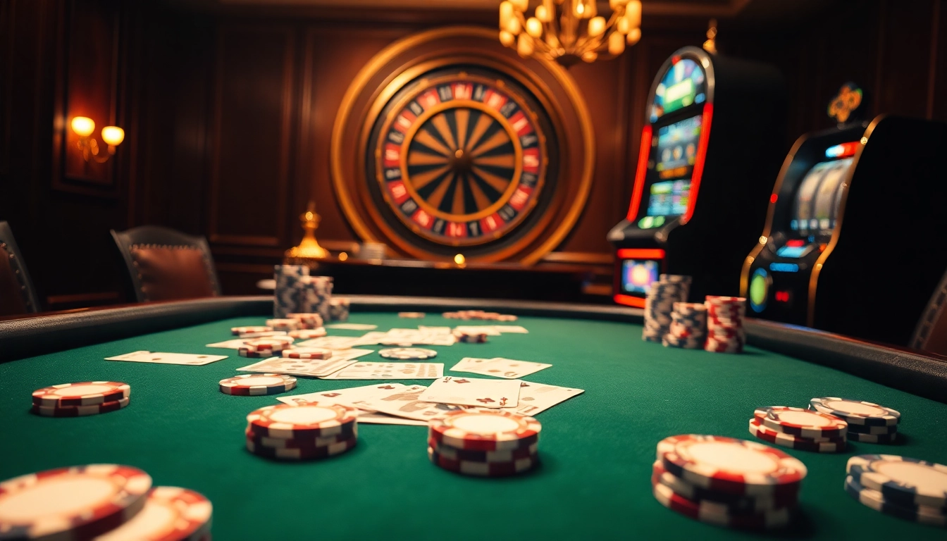 The hidden wiki inspired luxurious casino scene featuring a poker table with chips and cards, exuding excitement.