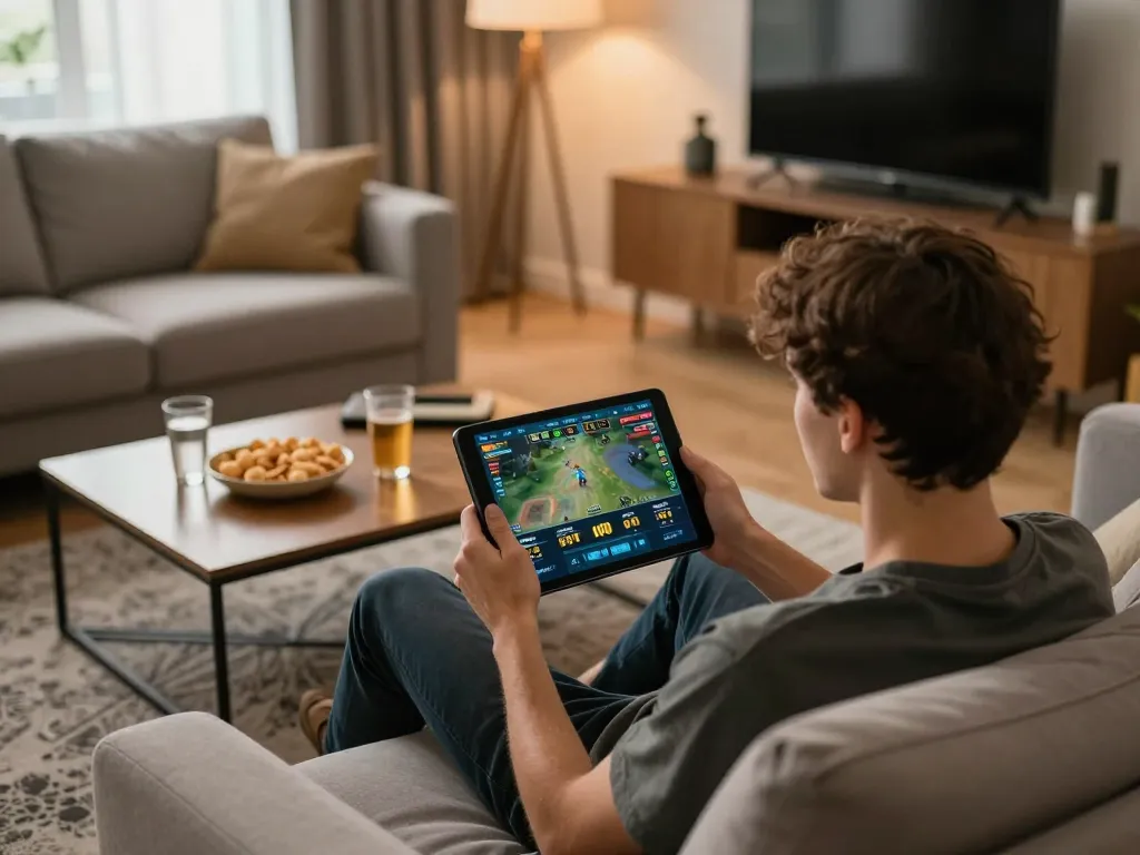 Siti scommesse esteri: Person engaged in online betting on a tablet in a cozy home setting.