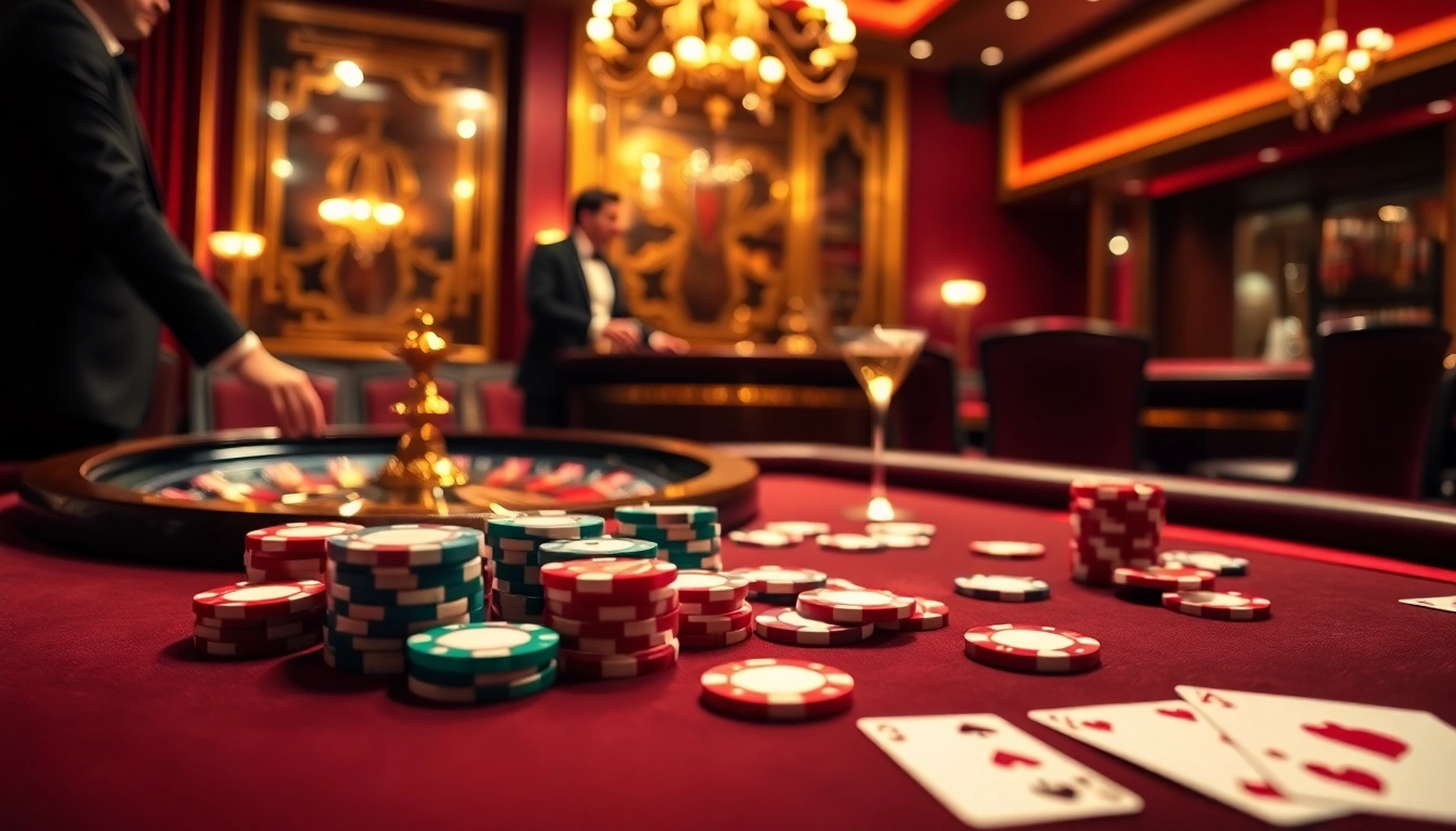 Vivez l'excitation des meilleurs casino en ligne à une table de poker luxueuse, avec des jetons et des cartes en vedette.