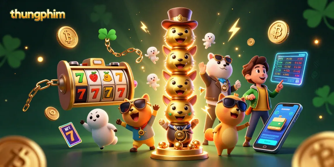 Spin the reels at thungphim featuring a vibrant golden totem with casino elements amidst crypto coins.