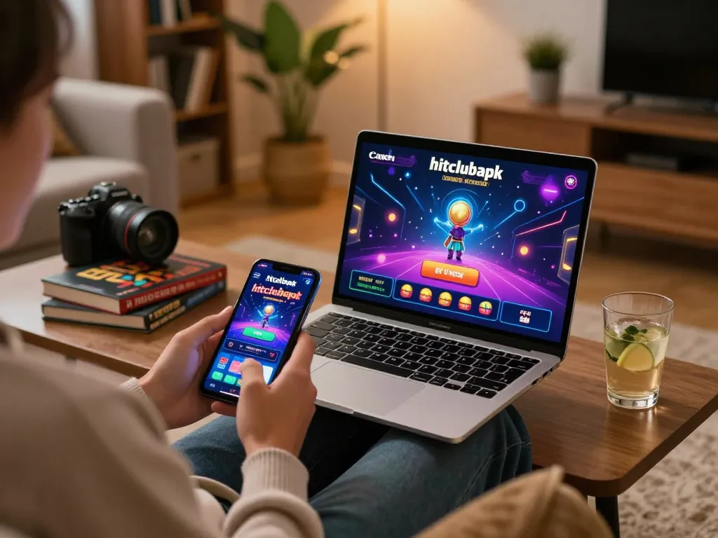 Engaging in hitclubapk gaming app gameplay on smartphone in a cozy home setting