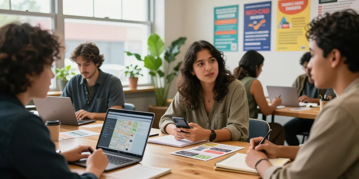 This urban community forum scene illustrates individuals discussing and sharing resources about local services, featuring diverse people collaborating in a well-lit space.