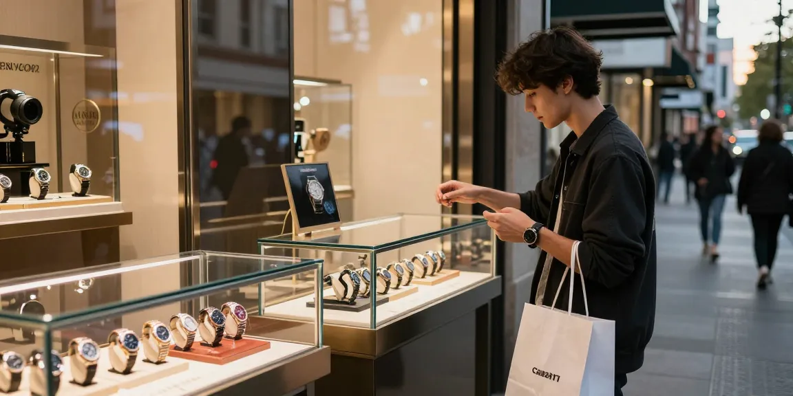 Engaging scene of a customer exploring 시계 레플리카 in a chic urban store, showcasing luxury replicas.