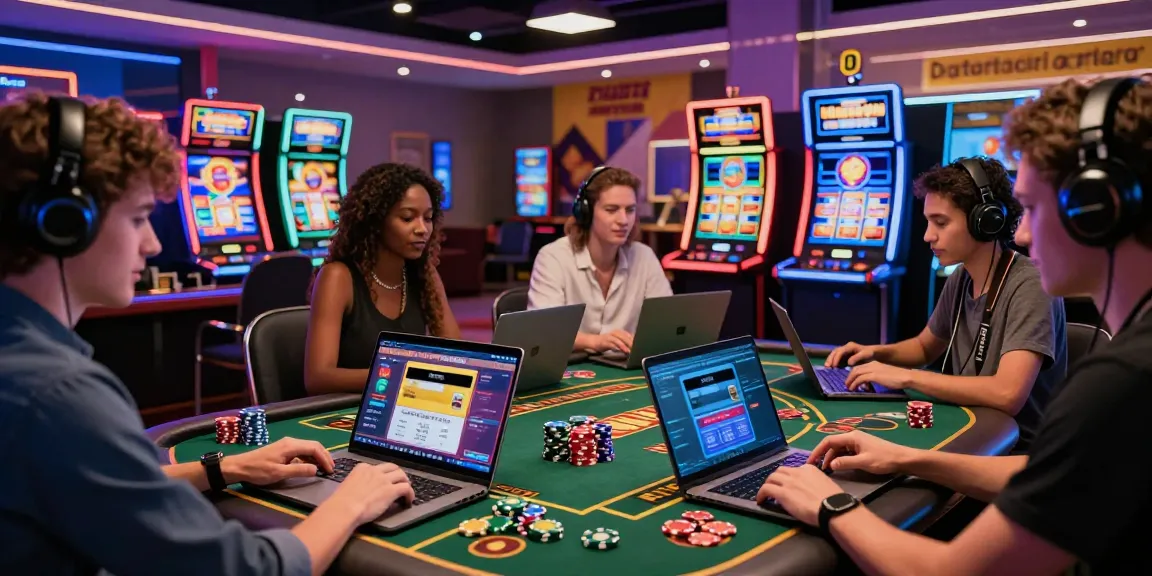 Engaging scene of players at casinos that accept credit cards, enjoying various games in a vibrant and modern digital environment.