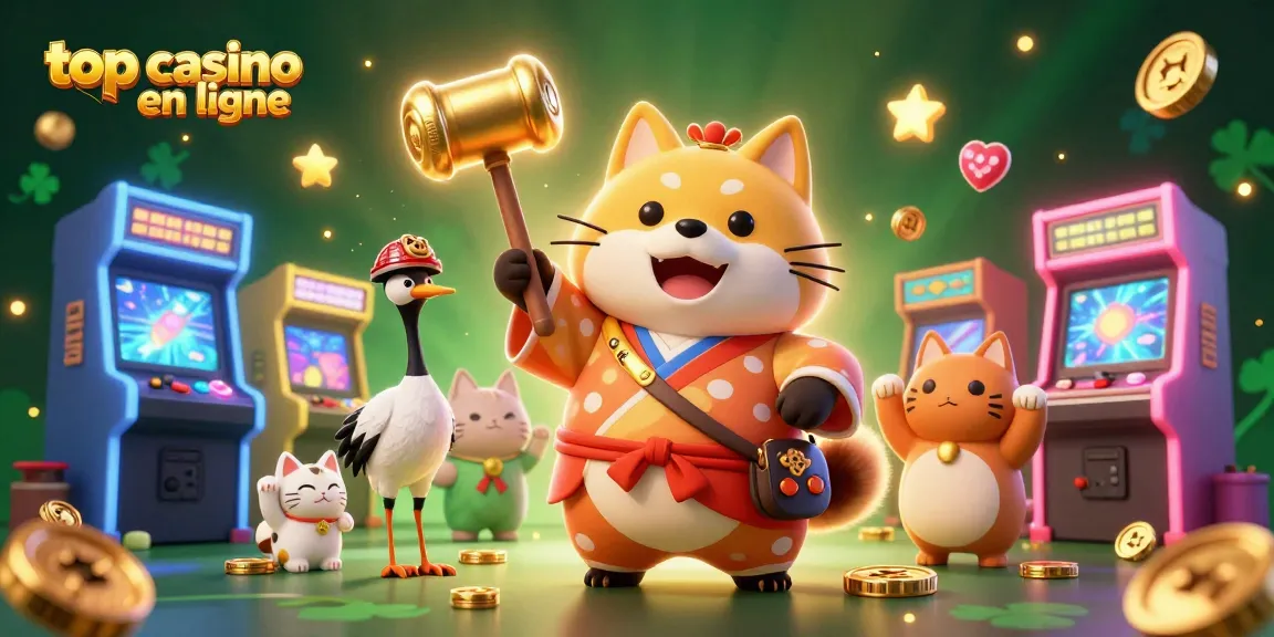 Top casino en ligne illustration vibrante d'un tanuki traditionnel avec des chats maneki-neko, machines à sous et pièces d'or.