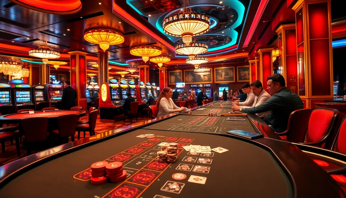 Hall de jeu passionnant présentant les meilleurs casinos en ligne avec des jetons de poker et des tables de roulette.