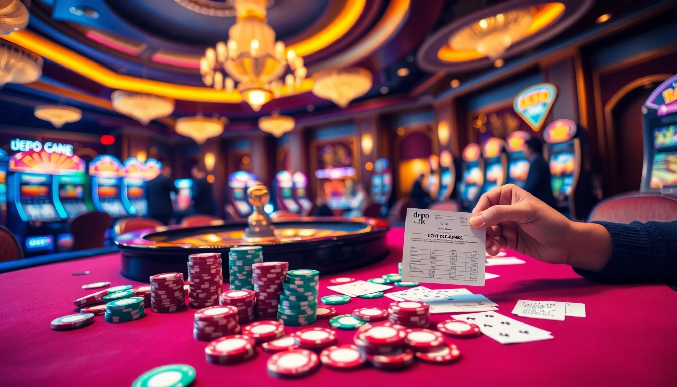 A thrilling casino scene featuring poker chips, a roulette wheel, and action centered around depo 5k bets.