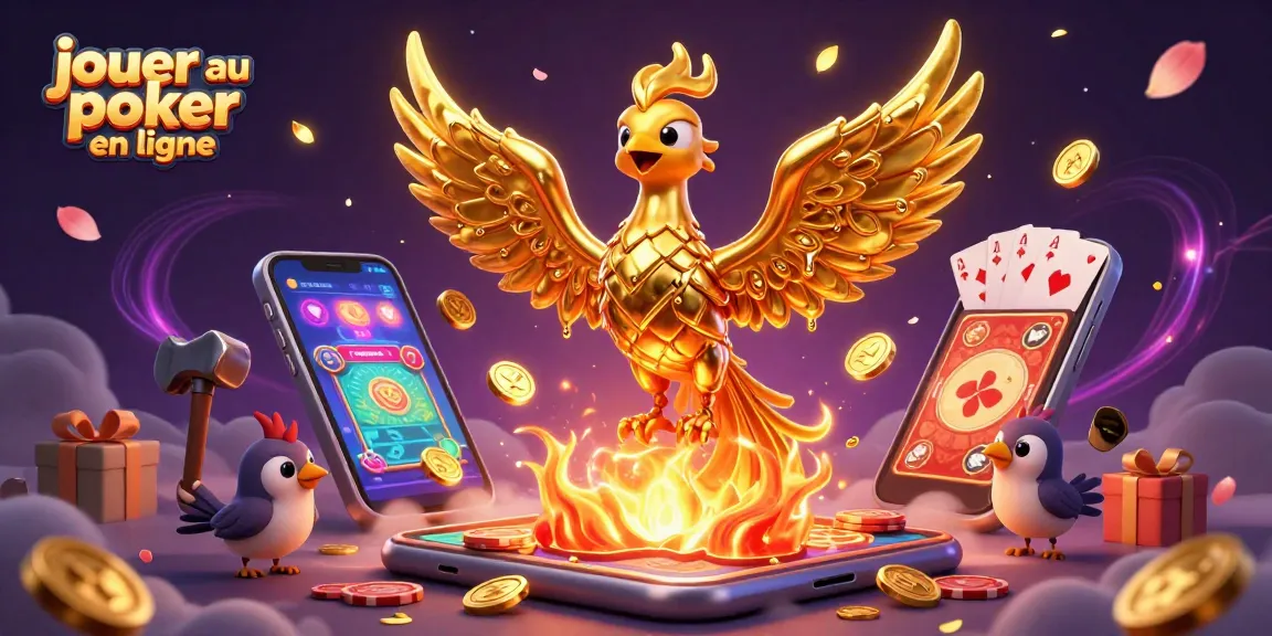 Jouer au poker en ligne avec une illustration dynamique de phoenix doré, jeu de cartes et jetons.