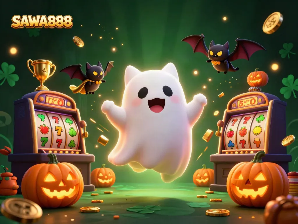 Engage with SAWA888's vibrant gambling atmosphere featuring a ghost cat and vampire bat.