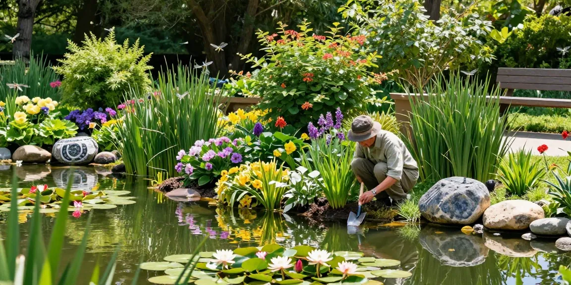 Marginal Pond Plants thriving in a serene garden pond setting, gardener tending to flowers and foliage.