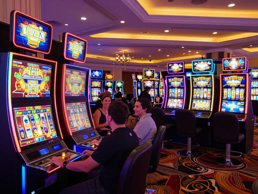 Players enjoying the thrill of slot machines amidst vibrant neon lights.