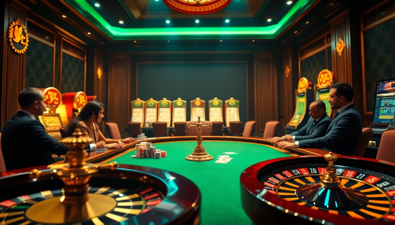 Engagez-vous dans l'action aux meilleurs casino en ligne, avec une table de poker élégante et des machines à sous vibrantes dans un cadre luxueux.